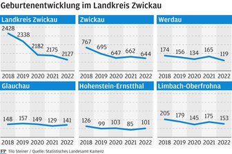 Trotz wirtschaftlicher Unsicherheit: Vermieter in Westsachsen freuen sich über Zuzug von Familien - In Westsachsen sinken die Geburtenzahlen tendenziell, wie die ausgewählten Beispiele in der Übersicht zeigen.