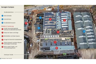 Tüfteln, Basteln, Sammeln: Garagen-Campus in Chemnitz nimmt Form an - Die Grafik zeigt in den roten Zahlen, welche Gebäudeteile saniert werden und was dort geplant ist. Die Gebäude mit den blauen Zahlen können vorerst nicht saniert werden.