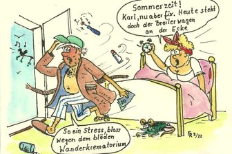 Uhrzeiten, Urzeiten, Unzeiten - Karikatur über die Zeitumstellung