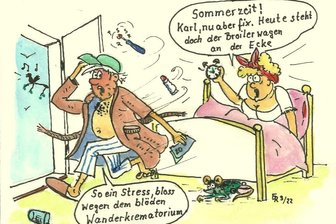 Uhrzeiten, Urzeiten, Unzeiten - Karikatur über die Zeitumstellung