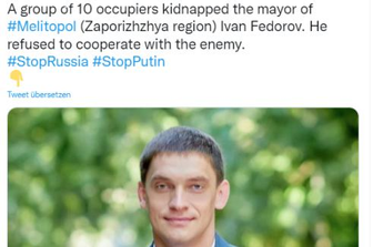 Das ukrainische Parlament postete auf Twitter ein Foto des Bürgermeisters der Stadt Melitopol, Iwan Fedorow, und schrieb dazu: "Er weigerte sich, mit dem Feind zu kooperieren."