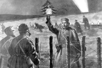 Und Flake singt darüber: Als im Weihnachtsfrieden 1914 kurz die Waffen schwiegen - Das Gemälde zeigt deutsche und britische Soldaten, die sich im 1. Weltkrieg an der Westfront verbrüderten. Deutsche Soldaten überreichten dabei einen kleinen Weihnachtsbaum.
