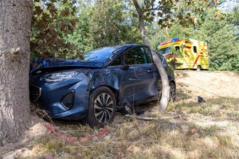 Unfall auf B 101 bei Freiberg: Autofahrer touchiert Motorrad - Das Auto krachte in einem Baum und war danach arg demoliert.
