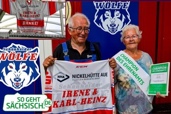 Untrennbar: Das Schönheider Eishockey und seine „Rudel-Mutti“ - Irene und Karl-Heinz Lenk sind seit mehr als 25 Jahren für die Schönheider Wölfe im Einsatz. Im Ehrenamt. Dieses Engagement erhielt jetzt eine besondere Würdigung, die im Eisstadion sichtbar bleibt.