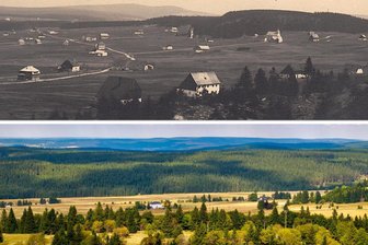 Verschwundenes Dorf im böhmischen Erzgebirge: Gericht urteilt zu Wiederaufbau - Seifen vor 100 Jahren und heute: Von dem böhmischen Erzgebirgsdorf blieben nur einige wenige Häuser stehen, darunter das einstige Schulgebäude, jetzt eine Brauereigaststätte.