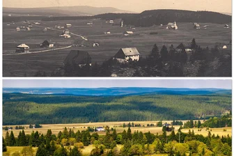 Verschwundenes Dorf im böhmischen Erzgebirge – Gericht urteilt zu Wiederaufbau - Seifen vor 100 Jahren und heute: Von dem böhmischen Erzgebirgsdorf blieben nur einige wenige Häuser stehen, darunter das einstige Schulgebäude, jetzt eine Brauereigaststätte.