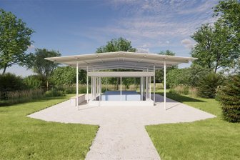 Versunkenes Dorf Pöhl: Ausstellungspavillon stößt auf geteilte Meinung - Die neue Stahlkonstruktion soll pulverbeschichtet sein. Das blaue Element kennzeichnet die Position des zukünftigen Modells.