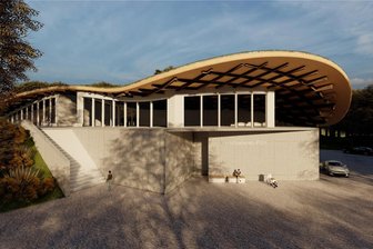Versunkenes Dorf Pöhl: Wie ein Dokumentationszentrum an der Talsperre Pöhl aussehen könnte - Die geschwungene Dachkonstruktion des möglichen Begegnungszentrums soll sich harmonisch in die hügelige Landschaft einfügen.