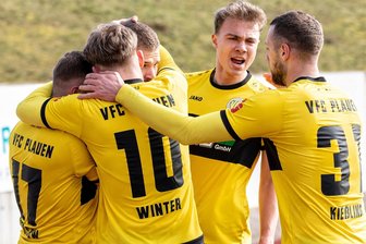 VFC Plauen gewinnt Derby in Unterzahl - Die Spieler des VFC Plauen bejubeln den schnellen 1:1-Ausgleichstreffer. Auch am Ende waren es die Plauener, die sich über einen Sieg im Vogtlandderby freuen durften..
