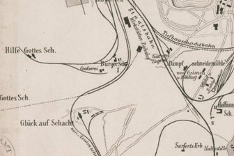 Viele Anschlussgleise für Kohlebahn - Der Gleisplan zeigt sowohl den Anschluss der drei Schächte an die von Arnimsche Kohlenbahn (links) als auch das Rückstoßgleis zur Schwarzenberger Linie mit Einmündung am Haltepunkt Schedewitz.