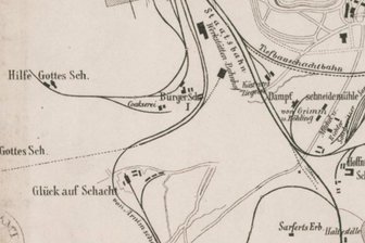 Viele Anschlussgleise für Kohlebahn - Der Gleisplan zeigt sowohl den Anschluss der drei Schächte an die von Arnimsche Kohlenbahn (links) als auch das Rückstoßgleis zur Schwarzenberger Linie mit Einmündung am Haltepunkt Schedewitz.