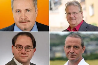 Vier Männer und die Fußstapfen einer Frau - Oben: Rolf Schmidt, Kandidat der Freien Wählergemeinschaft FWG und Frank Dahms, Kandidat der Linken; unten: Michael Heinz, Kandidat der SPD und Steffen Simon, Kandidat der CDU