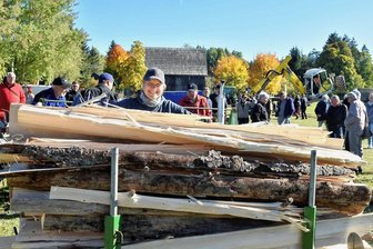 Vogtländer sind heiß auf Holz: Nachfrage nach Brennstoff steigt - Wer Holz verbrennen will, muss es vorher spalten. Ulrike Hoyer aus Wohlhausen hat es beim Holztag im Museum Eubabrunn vorgemacht. 