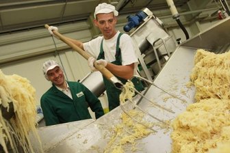 Vogtländisches Sauerkraut kommt selbst in Spanien auf den Tisch - <p class="artikelinhalt">Schlichting-Mitarbeiter Kai Röhn (rechts) gabelt das Rohsauerkraut in die Förderschnecke, von der aus es portionsgerecht abgepackt wird. Zum Betrieb von Geschäftsführer Otto-Florian Müller (links) gehören 30 Mitarbeiter. </p>