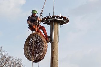 Vogtland-Ort wirbt um Zuzug: „Mit diesem Korb setzt unser Dorf ein Zeichen“ - Mensch und Korb am Kranhaken in Reuth. Mit dieser Aktion sorgte eine Rodewischer Firma jetzt am alten Bahndamm für Aufsehen.