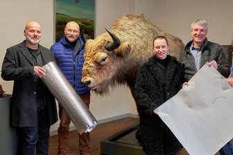 Vogtlandpioniere entwickeln textilen Feuerschutzvorhang nicht nur für Wisent Boris auf Burg Mylau - Wie kann Wisent Boris im Falle eines Brandes im Museum Burg Mylau vor der Vernichtung bewahrt werden? Mirko Albrecht vom Atelier Kerzig aus Gera, Ulf Häder vom Sommerpalais Greiz, Alice Schwab vom Textilforschungsinstitut Greiz, Frank Krüger von Stöbich Technology aus Goslar und Nadine Holesch vom Museum Burg Mylau (von links) forschen dazu. 