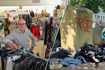Volle Container, leere Kassen, verunsicherte Bürger: Das Problem mit den Altkleidern in Chemnitz - DRK-Vorstand Pierre Bartsch in der Kleiderkammer. Genügend Kleidung gibt es dort. An mehreren Orten in der Stadt (im Foto: Hauptmannplatz) quellen Sammelcontainer anderer Firmen über.