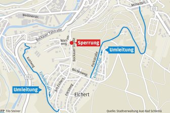 Vollsperrung von zentraler Zufahrt: Wohngebiet in Aue seit Montag nur noch über Umwege erreichbar - Stadt kündigt Polizeikontrollen an - Blick auf die neue Verkehrsführung auf dem Eichert in Aue: Rauf zu geht es über den Kohlweg, runter zu über die Straße Zur Parkwarte (ehemals Parkstraße).