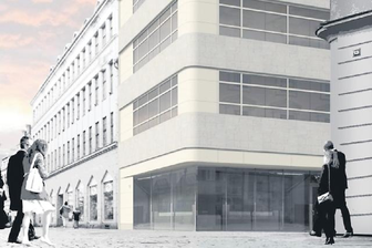 Vom alten Schocken-Kaufhaus bleiben nur die Fassaden - Die Ansicht an Hauptstraße/Ecke Mariengasse. Bauleiter Torsten Kitzing erklärte zum Tag der Städtebauförderung den Gästen die künftige Gestaltung des Gebäudes, das weiterhin den Namen "Schocken" trägt.