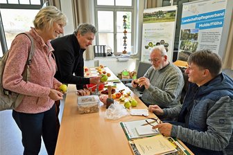 Von Adams Parmäne bis Zuccalmaglio: Was Besucher beim Mittelsächsischen Streuobsttag in Eppendorf entdecken konnten - Gabriele und Uwe Neubert ließen von Henner Grapow und Jörg Semmig (r.) ihre Apfelsorte bestimmen.