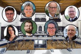 Von AfD bis SPD: Wie die acht Fraktionen im neuen Stadtrat von Freiberg in die Legislatur gehen - Die Fraktionschefs im neuen Stadtrat von Freiberg: Obere Reihe v. l.: Mathias Stahl (AfD), Roswitha Beidatsch (Freie Wähler), Holger Reuter (Bürger für Freiberg), Steve Ittershagen (CDU); untere Reihe v. l.: Viktoria Micha (Die Linke), Johannes Brink (Bündnis 90/Die Grünen), Alena Raatz (SPD), Prof. Armin Müller (Freiberg für alle).