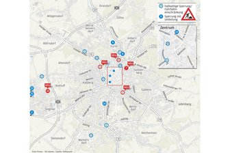 Von der Bernsdorfer Straße keine Einfahrt in die Lutherstraße und wo es sonst noch in Chemnitz aktuell im Verkehr klemmt - Die Baustellengrafik mit den aktuell neu hinzugekommenen Punkten.