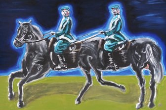 Von Hasen, Kühen und Menschen - Jürgen Höritzsch "Herrendoppel", 2016, Öl auf Leinwand. 