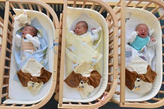 Von Kreißsaal bis Hybrid-OP-Saal: Kreiskrankenhaus Freiberg öffnet sich erstmals seit Jahren - Drei frisch geborene Babys liegen in ihren Betten auf der Wochenbettstation im Kreiskrankenhaus Freiberg. Die Station kann auch am Samstag beim Tag der offenen Tür besichtigt werden.