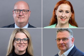 Von „Schmerzgrenzen“ beim „Streichquartett“: Wie Sachsen über den Haushalt von Kretschmers neuem Viererbündnis streitet - Fraktionsvorsitzende des Haushaltsviererbündnisses: Christian Hartmann (CDU/u.r.), Susanne Schaper (Linke/u.l.), Henning Homann (SPD) und Franziska Schubert (Grüne).