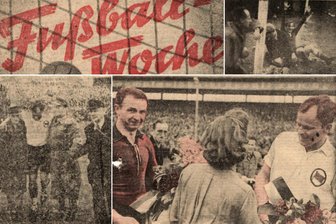 Von Walter Ulbricht verschoben? Horch Zwickau holte 1950 den ersten DDR-Meistertitel – das sagt ein Historiker - Mit diesen Fotos berichtete die DDR-Fachzeitung „Fuwo“ vom Entscheidungsspiel um die erste DDR-Meisterschaft zwischen der ZSG Horch Zwickau und der SG Friedrichstadt. Rechts unten die Kapitäne beider Teams – Helmut Schubert (li./Zwickau) und der bereits 38-jährige Walter Kreisch, der frühzeitig (Foto: links unten) verletzt vom Platz musste.