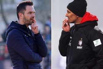 Vor dem Sachsenpokal-Derby zwischen dem CFC und Aue: Das sagen die Cheftrainer beider Rivalen - Benjamin Duda (CFC/links) trifft auf Jens Härtel (FCE/rechts). Wer wird als Sieger hervorgehen?