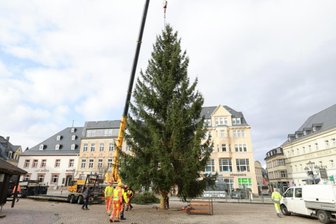 Vorfreude im Erzgebirge: Die Annaberger haben ihren Weihnachtsbaum - Am Dienstag wurde der Weihnachtsbaum auf dem Annaberger Markt aufgestellt.