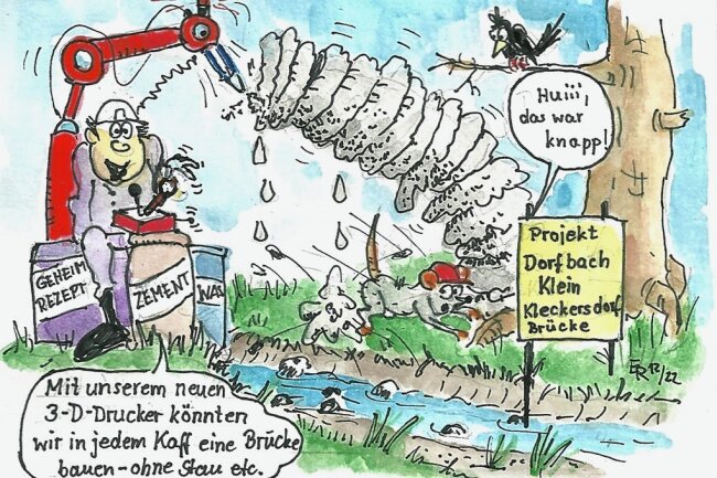 Vorsicht, Satire: Zschopau-Brücke, Behelfsbrücke, Landbrücke - neben sieben Brücken musst du stehn - Karikatur von Egbert Raithel zur Glosse vom 17.12.22, honorarpflichtig