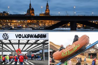 VW-Krise, Schnitzelpreise, Karls Erlebnis-Dorf: Diese fünf Themen haben Sachsen 2024 umgetrieben - Von einer kaputten Brücke bis zur Bockwurstschleuder: Das hat die Sachsen 2024 besonders beschäftigt.