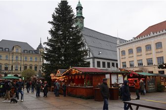 „Wackerbarth findet man immer“: Warum die meisten Buden auf dem Zwickauer Weihnachtsmarkt immer am selben Platz stehen - Der große Weihnachtsbaum ist einer der Orientierungspunkte auf dem Zwickauer Weihnachtsmarkt.