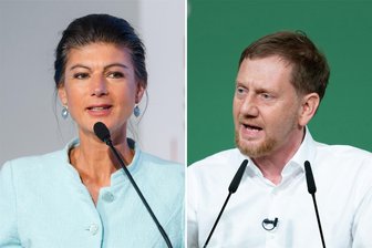 Wagenknechts Gretchenfrage zum Ukraine-Krieg: Welche rote Linie das BSW für eine Koalition in Sachsen nach der Landtagswahl zieht - Verhandeln diese beiden Sachsens nächste Koalitionsregierung? BSW-Vorsitzende Sahra Wagenknecht (links) und CDU-Bundesvize Michael Kretschmer.