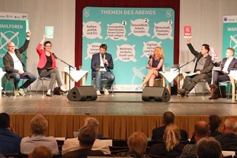 Wahlforum in Zwickau: Auf Kollisionskurs - Sabine Zimmermann (Linke), Wolfgang Wetzel (Grüne), Gundula Schubert (SPD), die Moderatoren Michael Stellner und Ine Dippmann, Nico Tippelt (FDP), Carsten Körber (CDU) und Matthias Moosdorf (AfD) während der Schnellfragerunde am Donnerstagabend im Theater Crimmitschau. Das Publikum hatte die Bereiche Innenpolitik, Gesundheit und Wirtschaft mit je identisch vielen Stimmen als Top-Themen gewählt. 