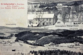 Wandern und Lernen mit der IG Chronik Raschau: Heimatfreunde steuern Emmlerfelsen an - Die Karte aus dem Verlag Arno Georgi in Raschau zeigt, welchen Ausblick man 1910 vom Emmlerfelsen hatte.