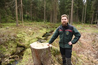 Warum an der Großen Pyra die Fichten weichen mussten - Lukas Dörfel, Revierförster von Sachsengrund, in einem Waldstück an der großen Pyra. Hier wurde der Bachlauf freigeschnitten.