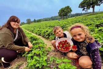 Warum dieses Erdbeerfeld im Erzgebirge nur einen Tag geöffnet hatte – und wie es weitergeht - Stefanie Gahler und ihre Kinder Tim und Hannah gehörten zu den ersten Selbstpflückern auf dem Erdbeerfeld in Lauter. 850 Gramm waren ihre Ausbeute.