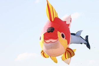 Festival der Riesendrachen, mit fliegenden Drachen, Salamandern, Fröschen, Fischen Schweinen und Aliens auf dem Tempelhofer Feld in Berlin.