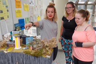 Was das Welterbe mit Deutsch und Physik zu tun hat - Johanna Meyer, Annika Bittner und Lisbeth Scholz (von links) haben in der von Mitschülerinnen und Mitschülern gestalteten Präsentation zur Montanregion Erzgebirge so manches spannende Detail entdeckt. 