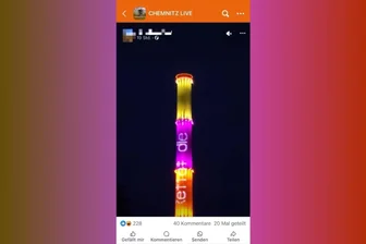 Was ist nun schon wieder los? Nächste rätselhafte Installation in Chemnitz aufgetaucht - In der Facebook-Gruppe "Chemnitz live" machte das Video von der Leuchtschrift auf der Esse zuerst die Runde.