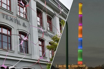 Was verbindet eine Strumpfhosen-Installation in Hohenstein-Ernstthal mit der Bunten Esse in Chemnitz? - Kunst im öffentlichen Raum zieht die Blicke auf sich: Installation von Ulrike Kessl (links) und bunte Esse.