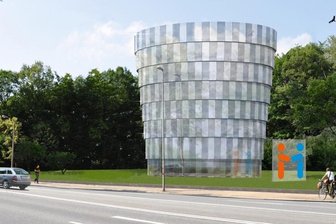 Wasserturm bekommt Edelstahl-Fassade - Peter Apfels Entwurf für die Edelstahl-Fassade. Über das Eins-Firmenlogo (rechts) und ein Wasserbecken ist noch nicht entschieden.