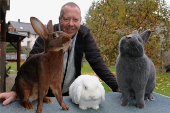 Weischlitzer Kleintierzüchter feiern Jubiläum mit großer Schau - Der Weischlitzer Vereinsvorsitzende Thomas Tschanter mit drei rassigen Schönheiten: Hasenkaninchen rotbraun, Zwergwidder weiß Rotauge und Blauer Wiener (von links). 
