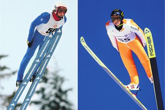 Weißflog, Aschenbach, Recknagel – warum sich Skisprunglegenden am Fichtelberg treffen und sich Jubilar Kerst Rölz besonders darüber freut - Jens Weißflog, Olympiasieger - 1984 in Sarajevo im Parallelstil (links) und 1994 in Lillehammer im V-Stil (rechts).