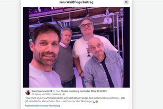 Weißflog gegen Hannawald: Skisprunglegenden aus Erzgebirge wetteifern im TV - Sven Hannawald und Jens Weißflog mit Elton und Bernhard Hoëcker (v. l.) während der Aufzeichnung in Hamburg.