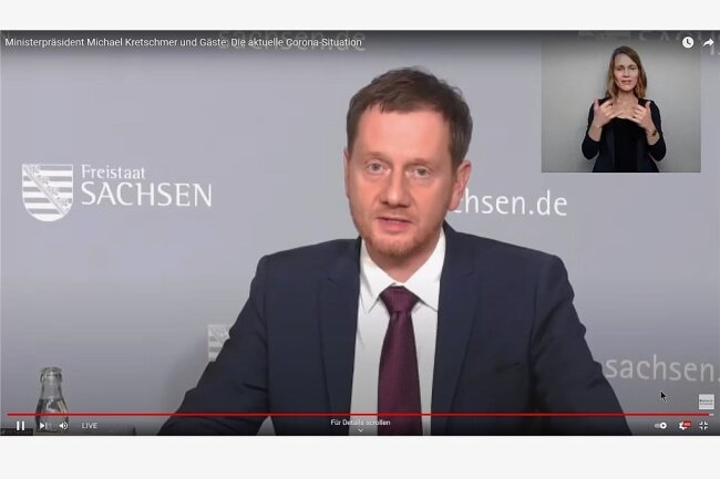 Weltärztebund-Chef Montgomery im Gespräch mit Kretschmer: Mit Lockerungen in Sachsen noch warten - Ministerpräsident Michael Kretschmer (CDU) in der Videokonferenz am Dienstagabend. 