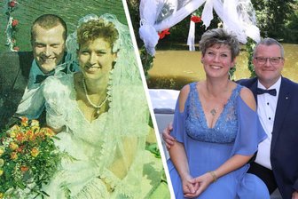 Wenn die Liebe bleibt und die Gaststätte durchhält: Paar in Meerane feiert eine besondere Silberhochzeit - Zwischen den Fotos liegen 25 Jahre: Kathleen und Dirk Paul zur Hochzeit (links) und kurz vor der Silberhochzeit (rechts) auf dem Gondelteich in Meerane.